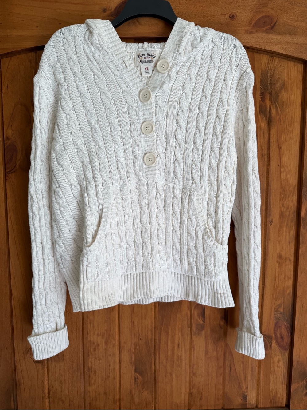 Ralph Lauren White Cable-Knit V-Neck Button Sweater
